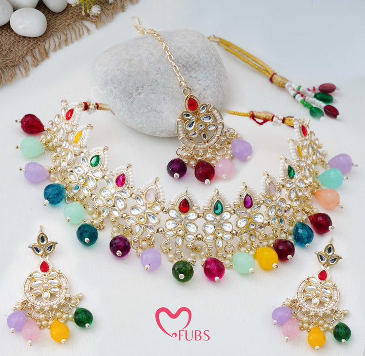 Festive Ornate Kundan Choker with Vibrant Bead Drops & Maang Tikka