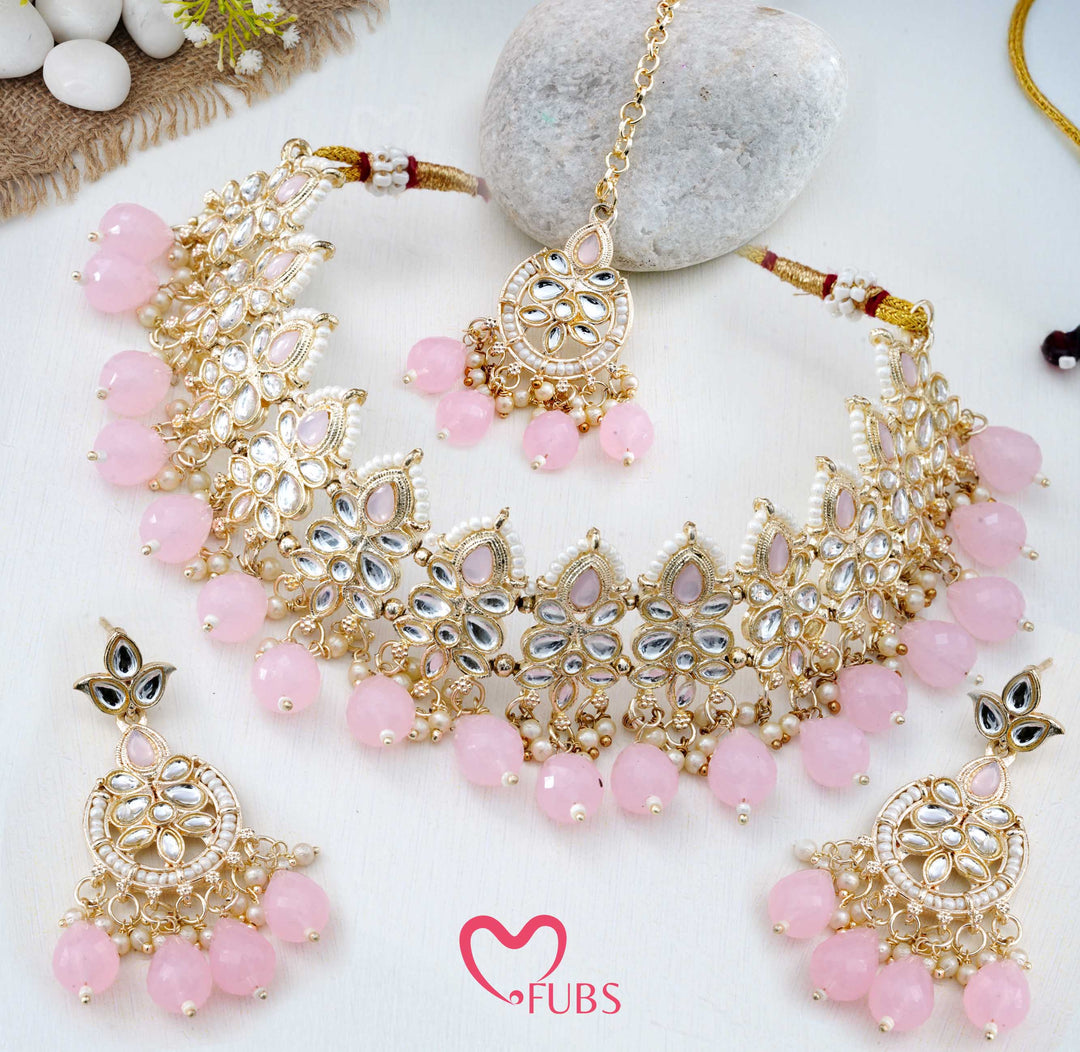 Festive Ornate Kundan Choker with Vibrant Bead Drops & Maang Tikka