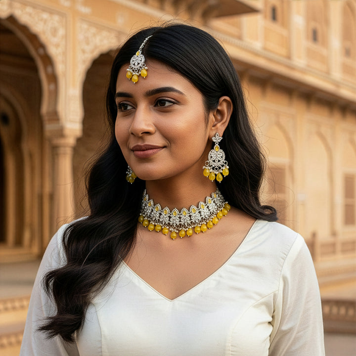 Festive Ornate Kundan Choker with Vibrant Bead Drops & Maang Tikka