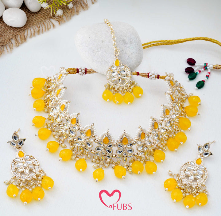 Festive Ornate Kundan Choker with Vibrant Bead Drops & Maang Tikka