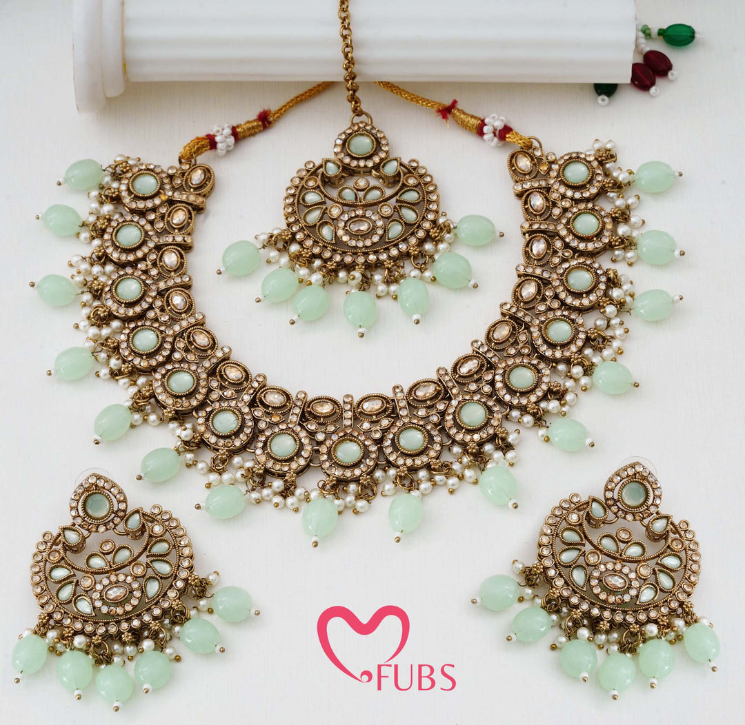 Heritage Antique-Finish Kundan Necklace Set with Faceted Teardrop Accents