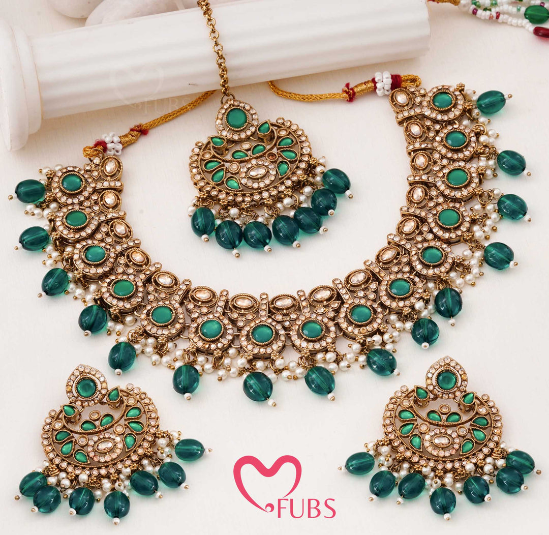 Heritage Antique-Finish Kundan Necklace Set with Faceted Teardrop Accents