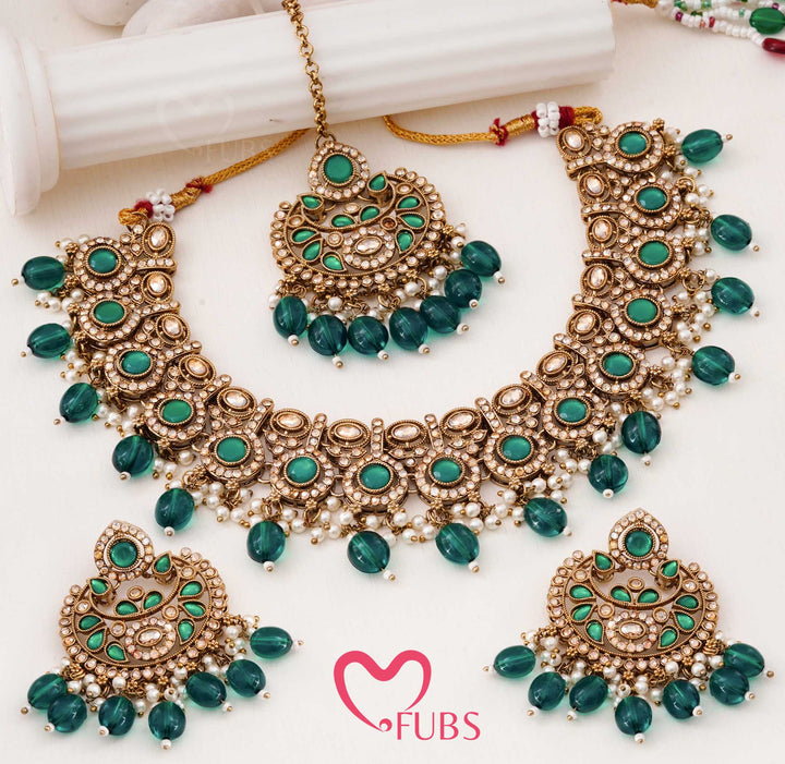 Heritage Antique-Finish Kundan Necklace Set with Faceted Teardrop Accents