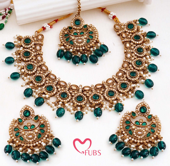 Heritage Antique-Finish Kundan Necklace Set with Faceted Teardrop Accents