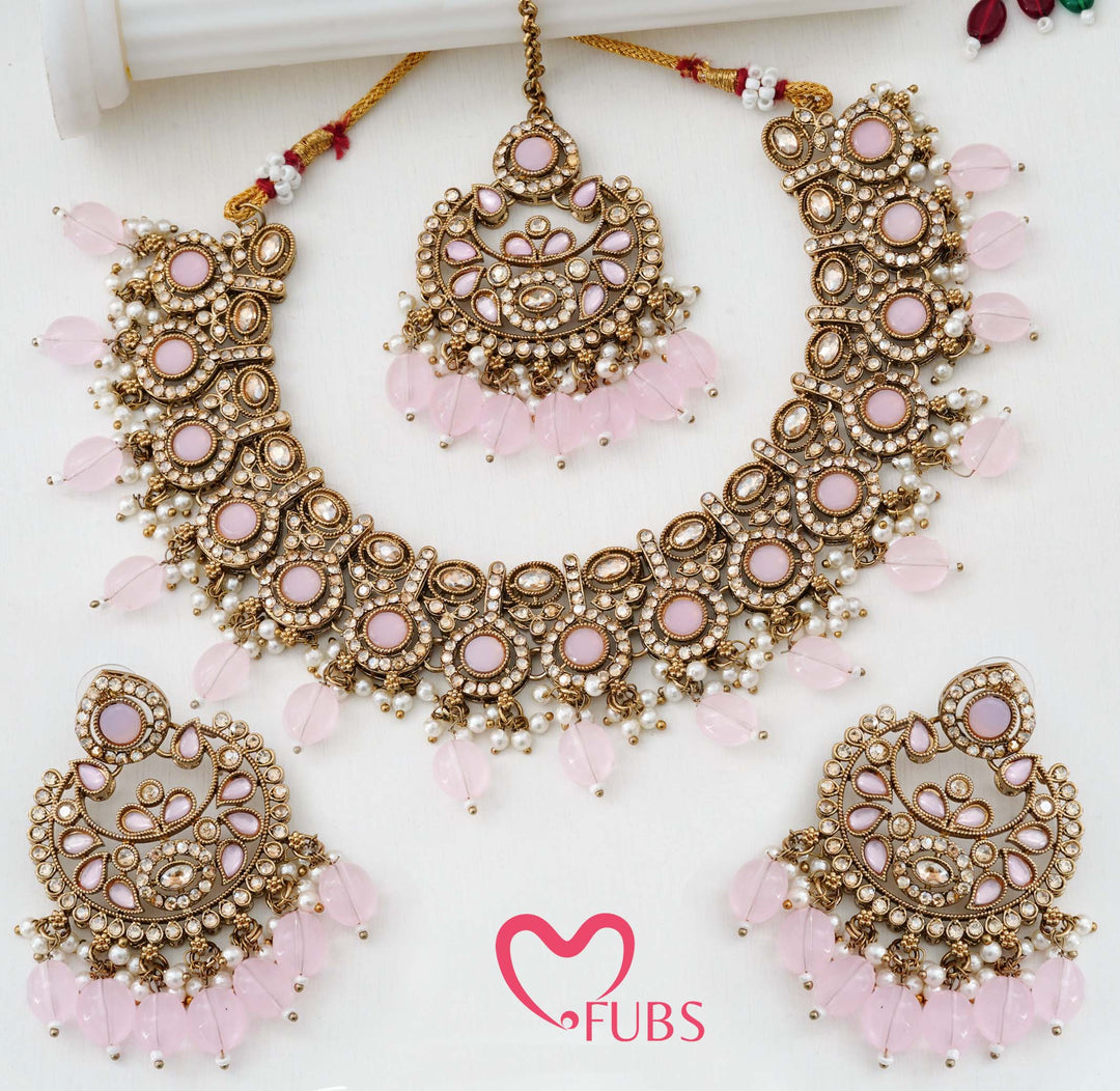 Heritage Antique-Finish Kundan Necklace Set with Faceted Teardrop Accents