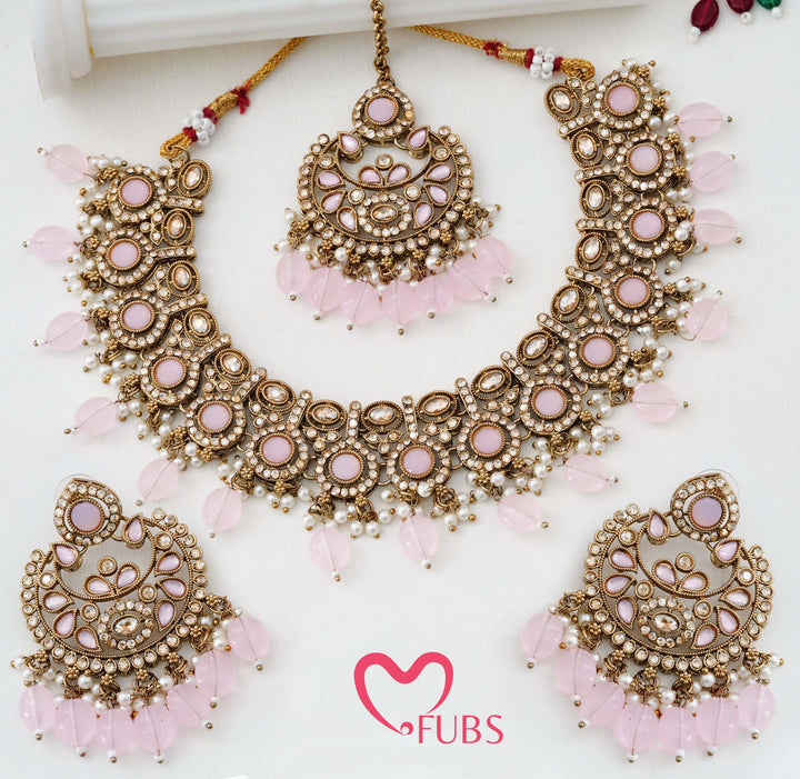 Heritage Antique-Finish Kundan Necklace Set with Faceted Teardrop Accents