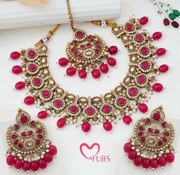 Heritage Antique-Finish Kundan Necklace Set with Faceted Teardrop Accents