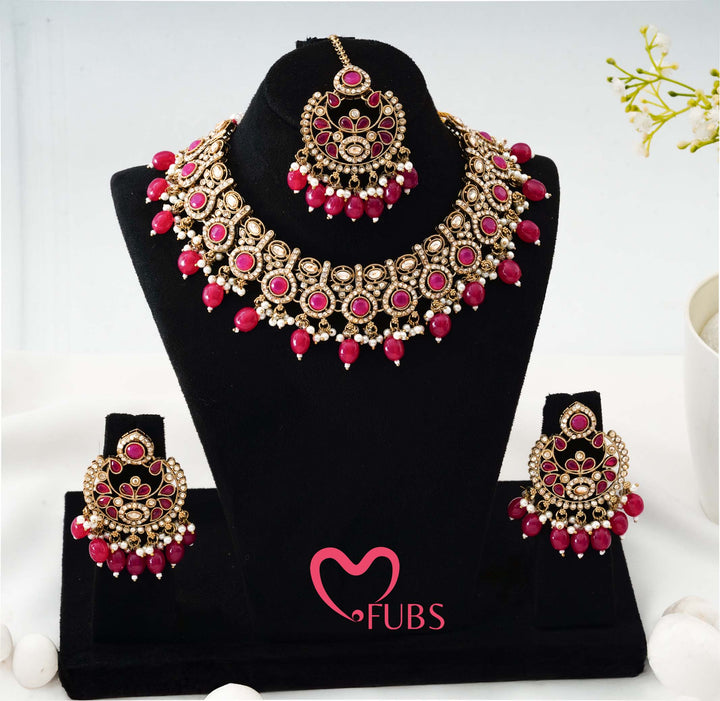 Heritage Antique-Finish Kundan Necklace Set with Faceted Teardrop Accents