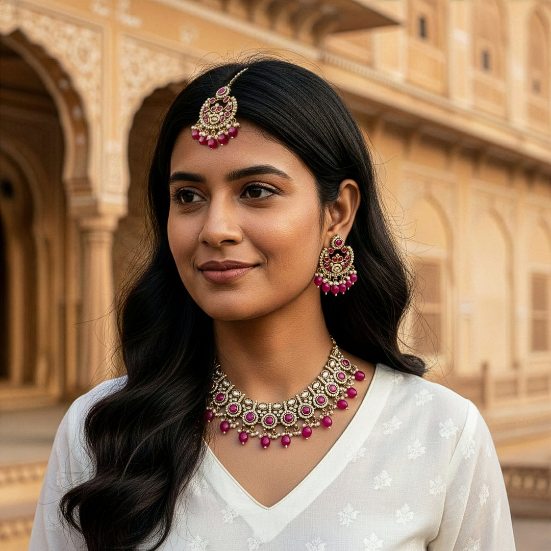 Heritage Antique-Finish Kundan Necklace Set with Faceted Teardrop Accents