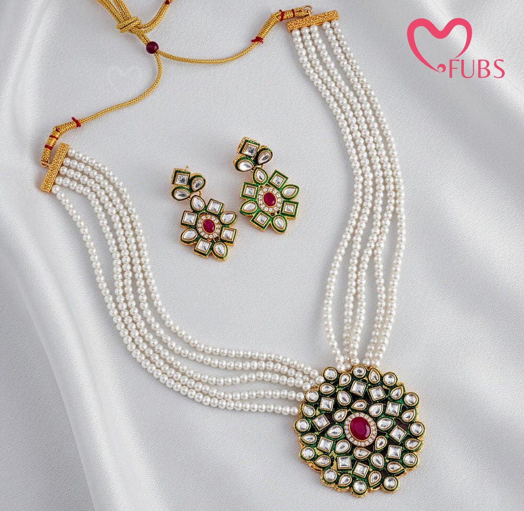 Pearl Mala with Large Circular Stone Pendant