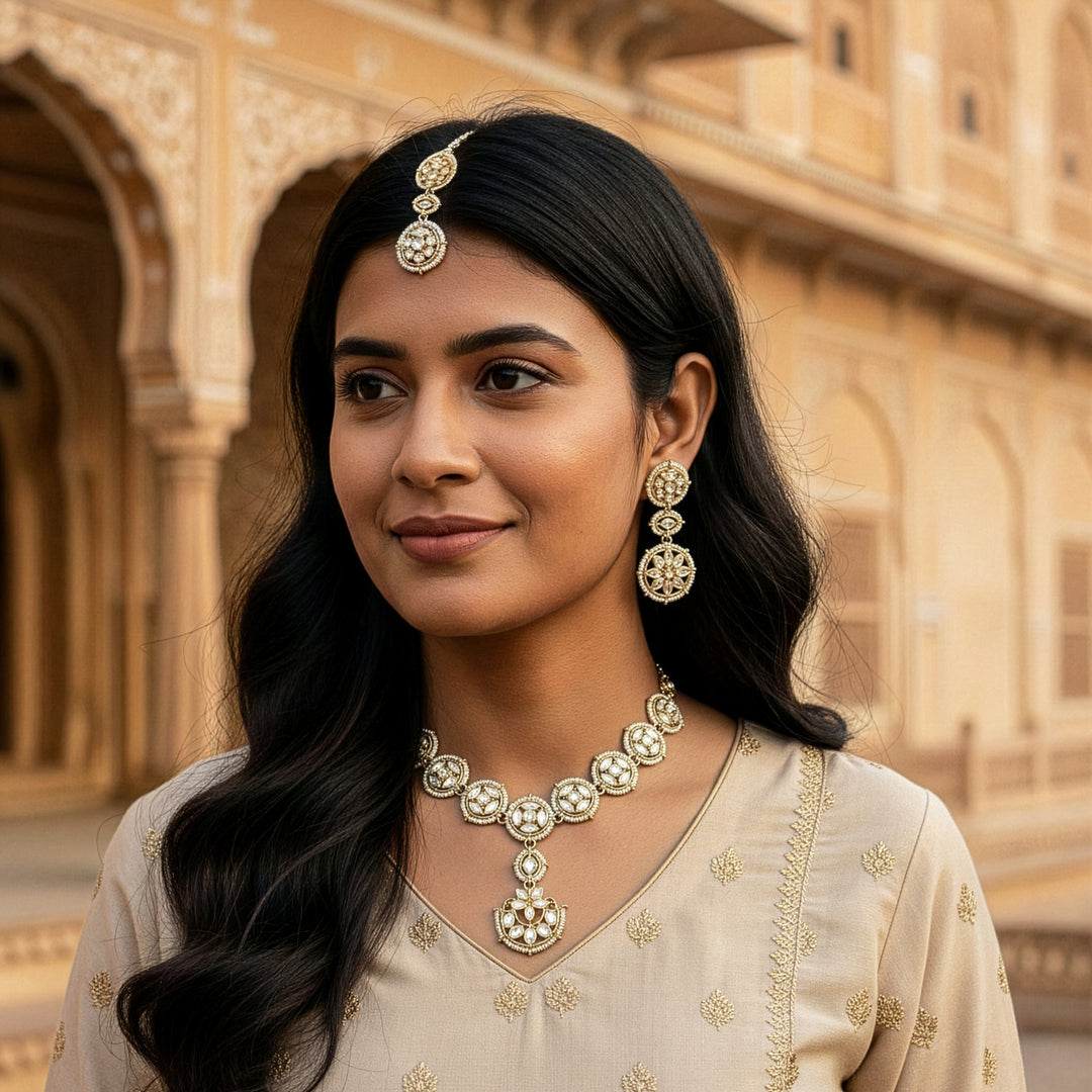 Traditional Pearl & Stone Necklace Set with Maang Tikka
