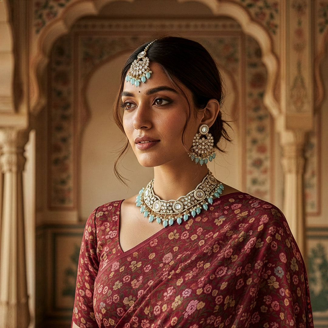 Noor Pearl-Encrusted Floral Necklace Set with Maang Tikka