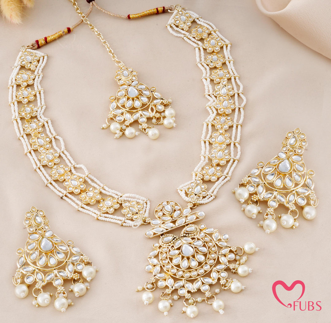 Multi-Strand Seed Pearl Long Necklace & Maang Tikka Set
