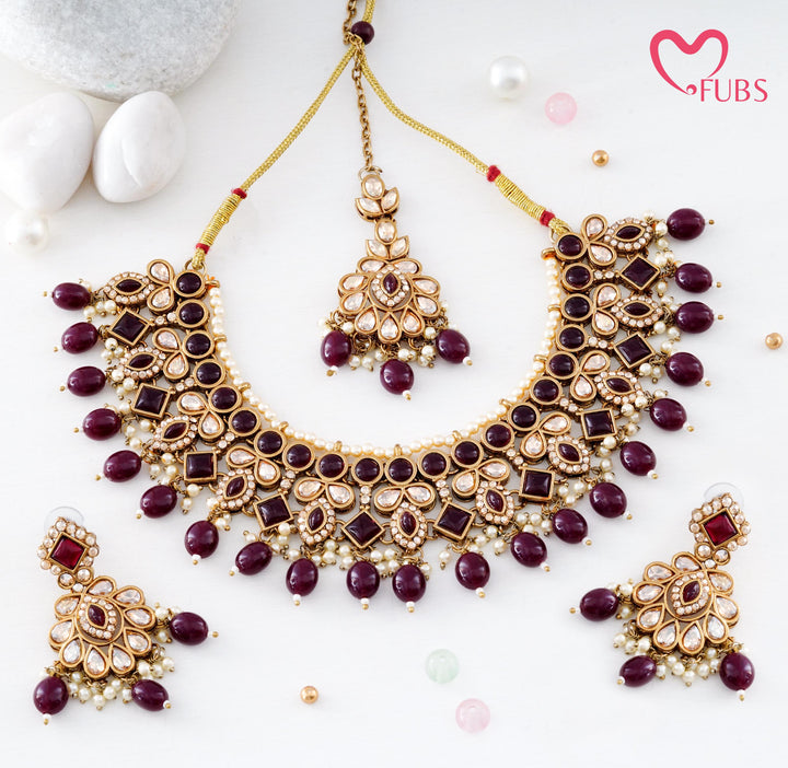 Regal Geometric Stone Choker Set with Hued Drops