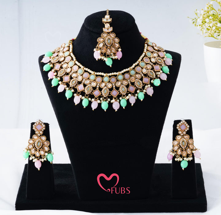 Regal Geometric Stone Choker Set with Hued Drops