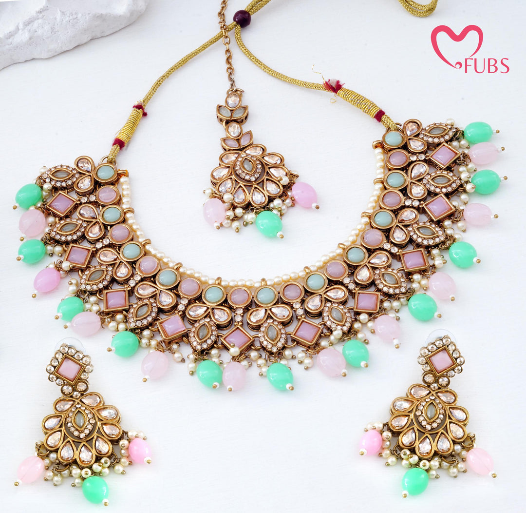 Regal Geometric Stone Choker Set with Hued Drops