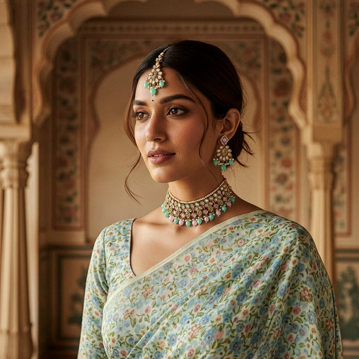 Regal Geometric Stone Choker Set with Hued Drops