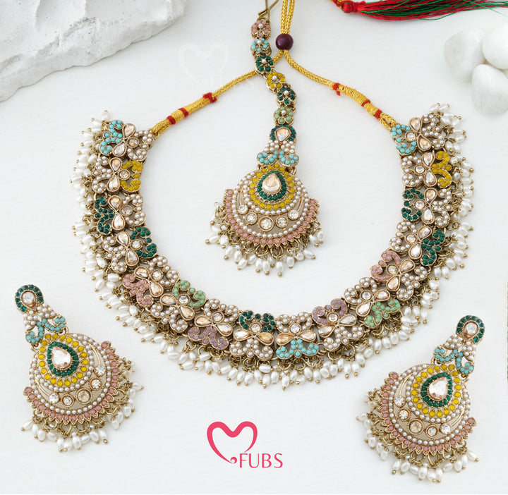 Pastel Mosaic Floral Necklace Set with Maang Tikka