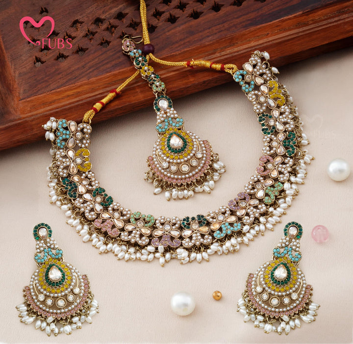 Pastel Mosaic Floral Necklace Set with Maang Tikka