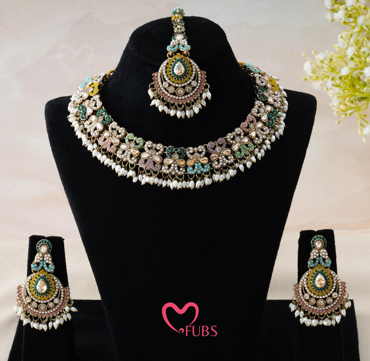 Pastel Mosaic Floral Necklace Set with Maang Tikka