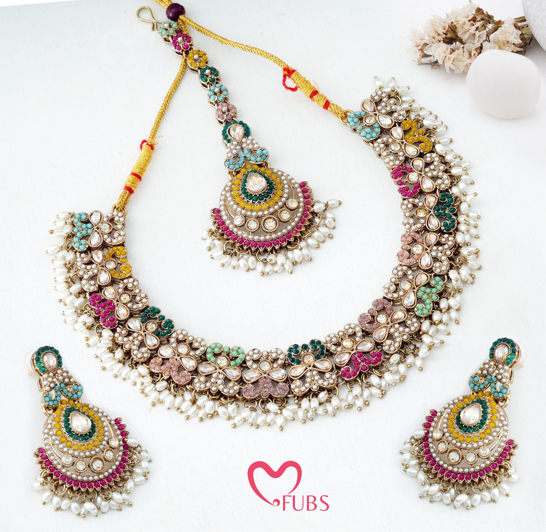 Pastel Mosaic Floral Necklace Set with Maang Tikka