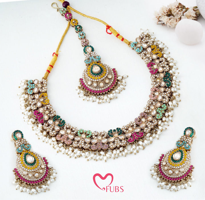 Pastel Mosaic Floral Necklace Set with Maang Tikka