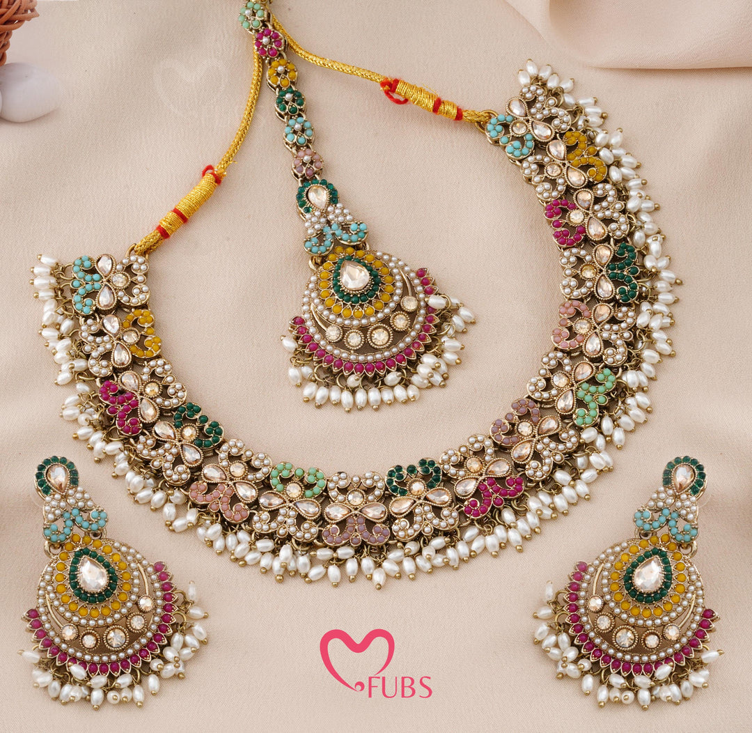 Pastel Mosaic Floral Necklace Set with Maang Tikka