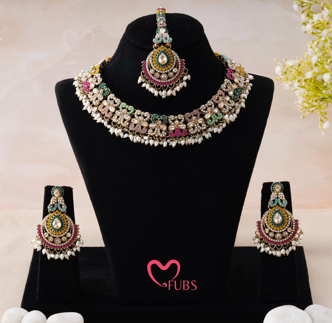 Pastel Mosaic Floral Necklace Set with Maang Tikka
