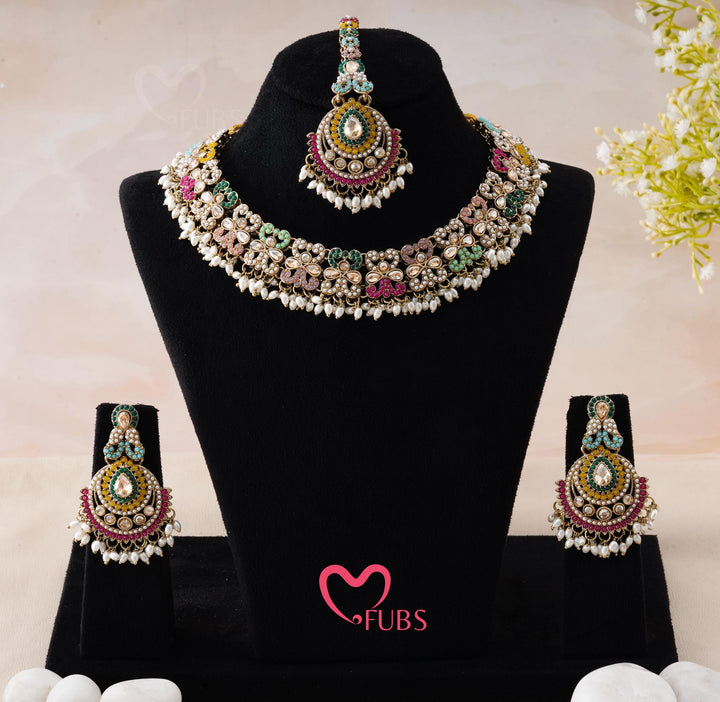 Pastel Mosaic Floral Necklace Set with Maang Tikka
