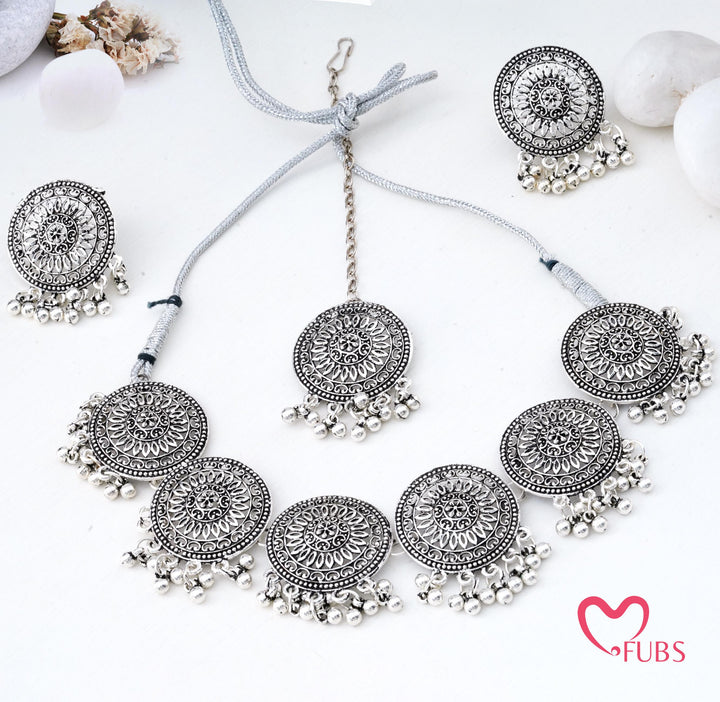 Sia Circular Filigree Oxidised Finish Necklace Set with Maang Tikka