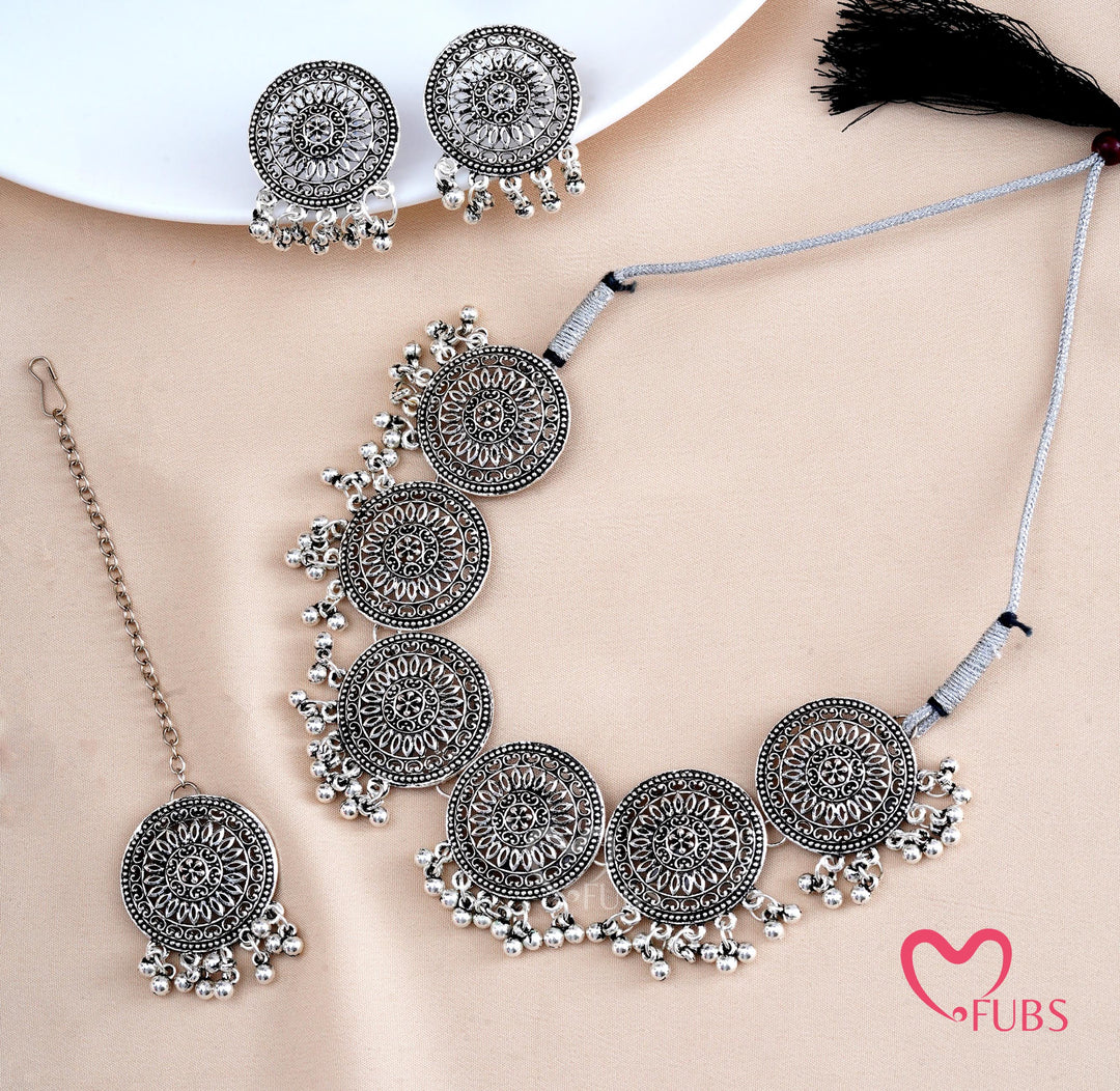 Sia Circular Filigree Oxidised Finish Necklace Set with Maang Tikka