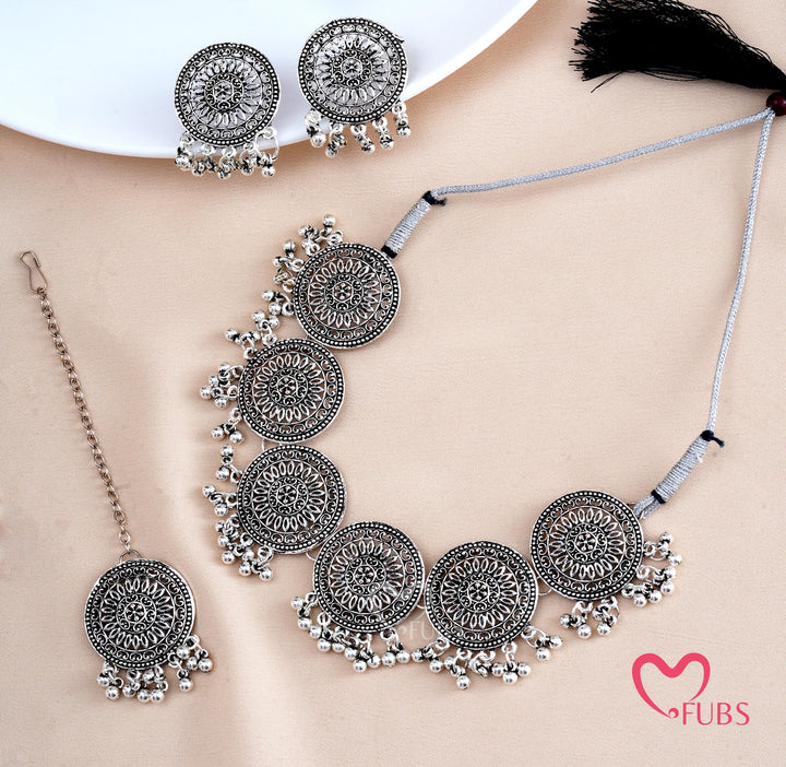 Sia Circular Filigree Oxidised Finish Necklace Set with Maang Tikka