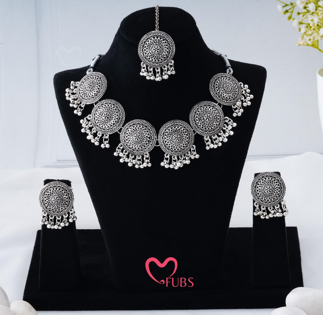 Sia Circular Filigree Oxidised Finish Necklace Set with Maang Tikka