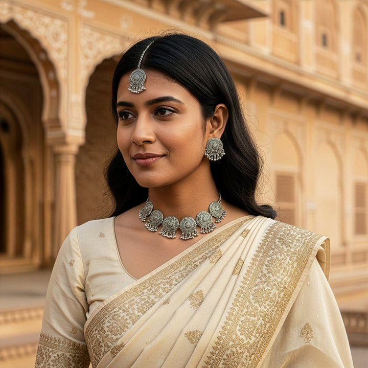 Sia Circular Filigree Oxidised Finish Necklace Set with Maang Tikka