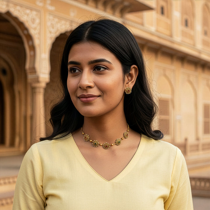 Traditional Gold-Plated Floral Choker Set - Aesthetic Necklace