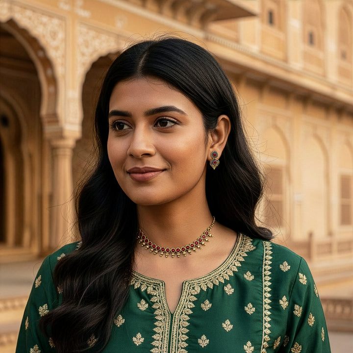 Traditional Gold-Tone Bib Choker Set with Stones