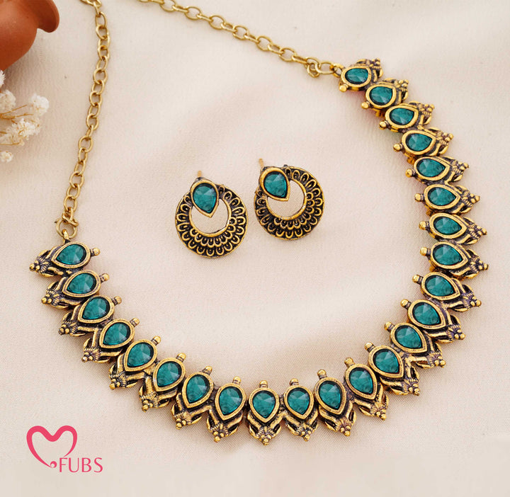 Traditional Matte Gold Paisley Choker Set with Dark Stones