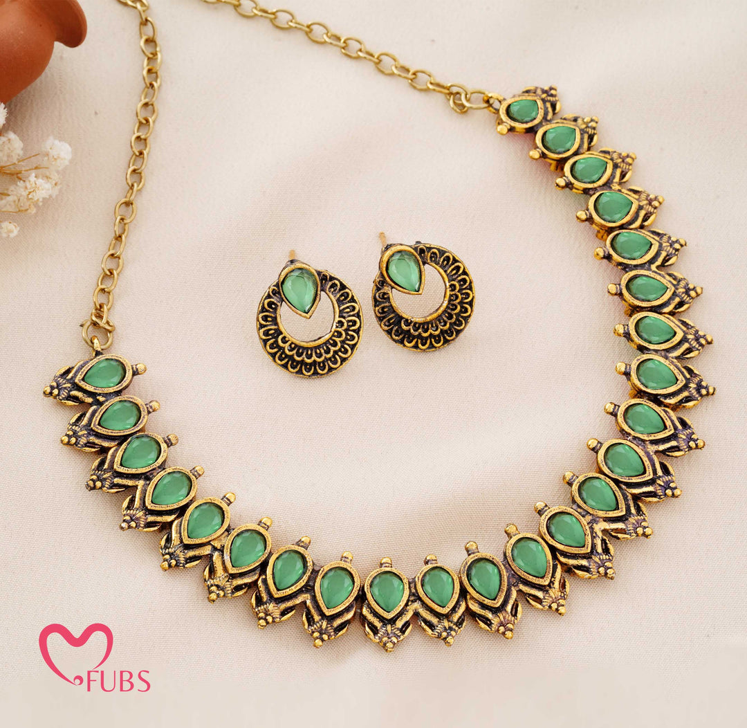 Traditional Matte Gold Paisley Choker Set with Dark Stones