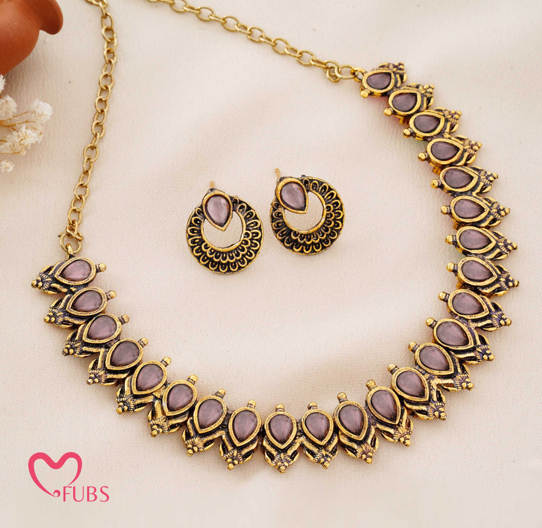 Traditional Matte Gold Paisley Choker Set with Dark Stones