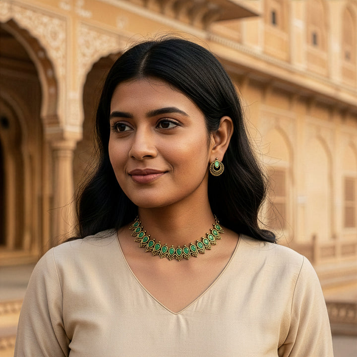 Traditional Matte Gold Paisley Choker Set with Dark Stones