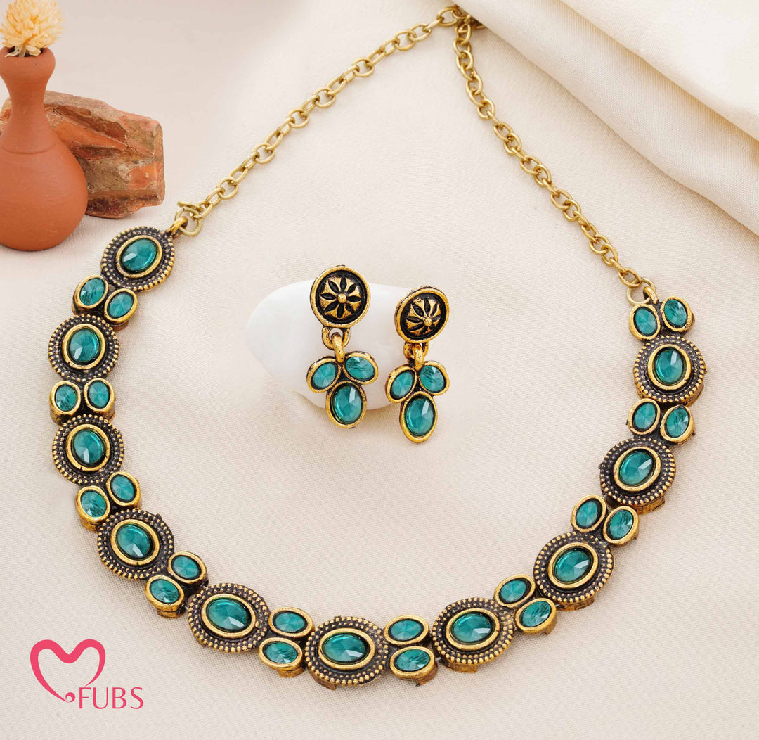 Traditional Oxidized Dark-Tone Necklace Set with Opaque Stones