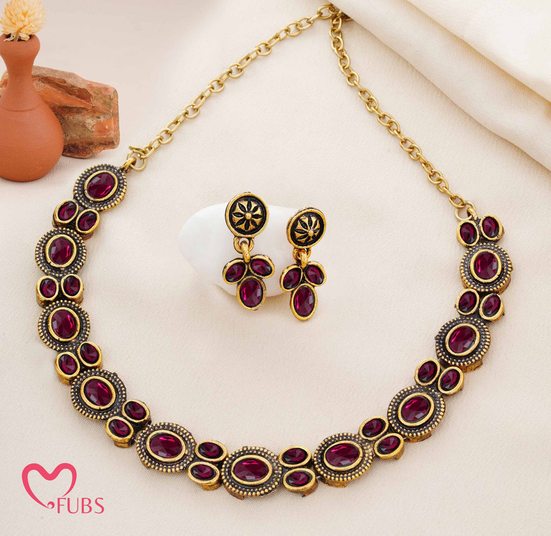 Traditional Oxidized Dark-Tone Necklace Set with Opaque Stones