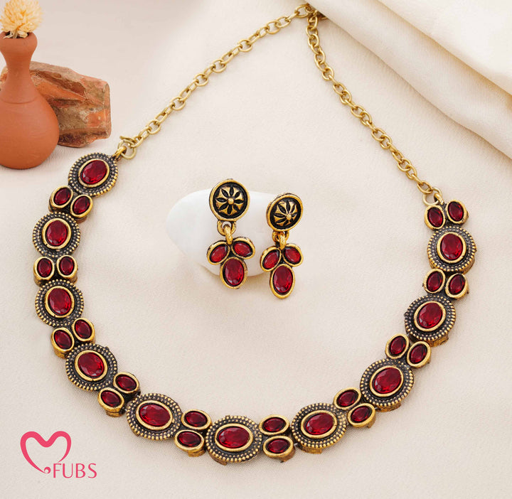 Traditional Oxidized Dark-Tone Necklace Set with Opaque Stones