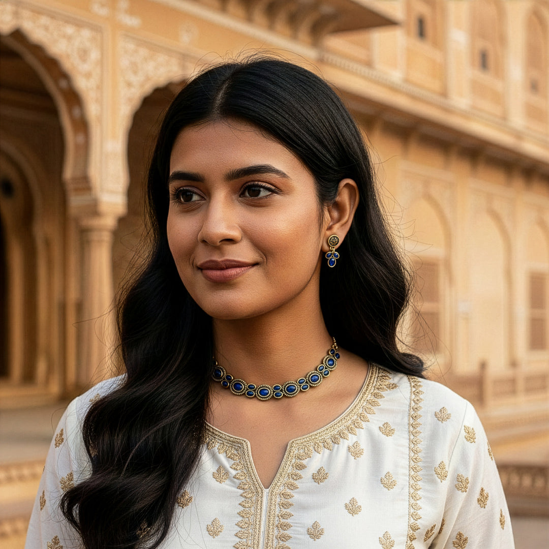 Traditional Oxidized Dark-Tone Necklace Set with Opaque Stones