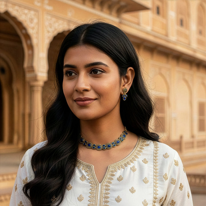 Traditional Oxidized Dark-Tone Necklace Set with Opaque Stones