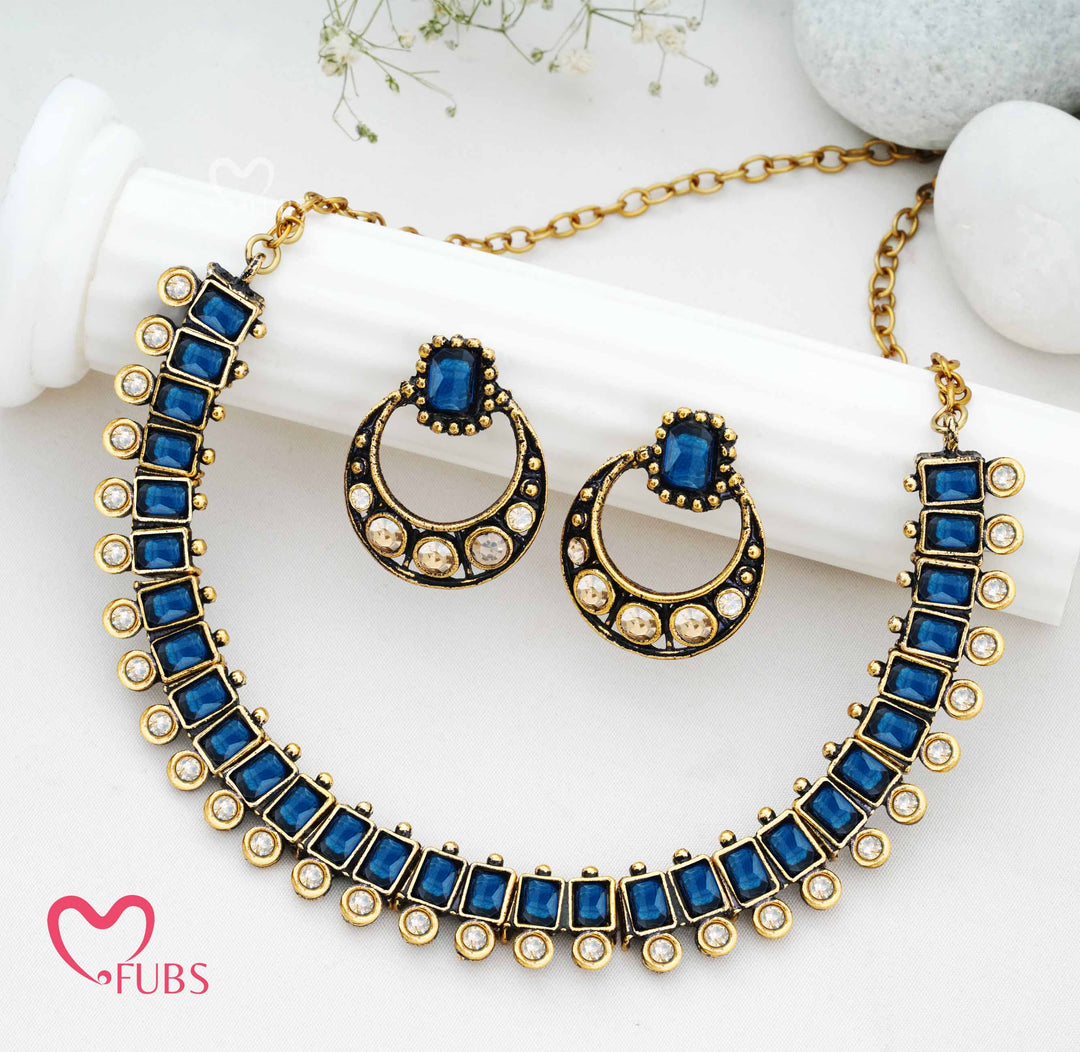 Traditional Geometric Necklace Set with Oxidized Half-Hoop Earrings