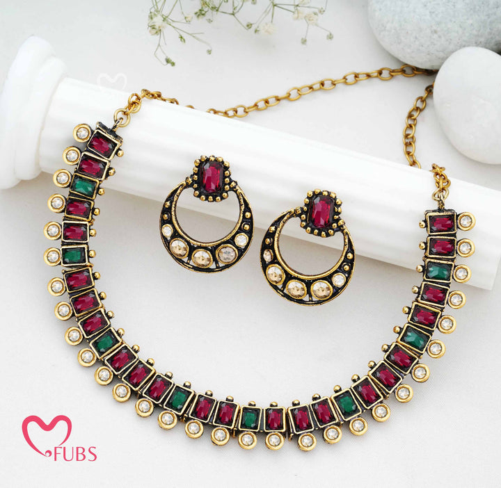 Traditional Geometric Necklace Set with Oxidized Half-Hoop Earrings