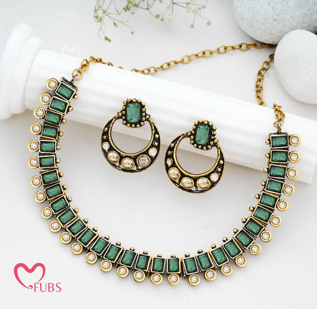 Traditional Geometric Necklace Set with Oxidized Half-Hoop Earrings