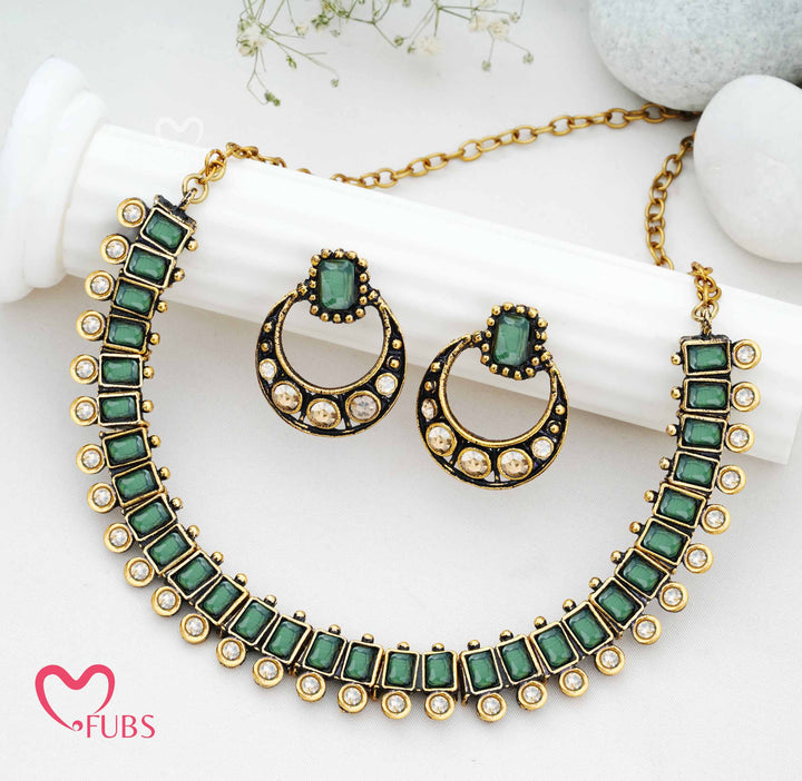 Traditional Geometric Necklace Set with Oxidized Half-Hoop Earrings
