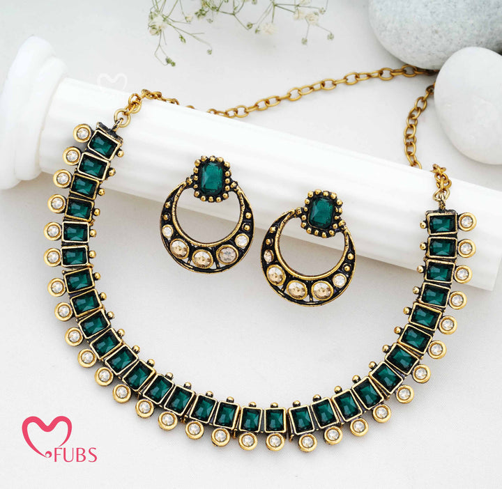 Traditional Geometric Necklace Set with Oxidized Half-Hoop Earrings